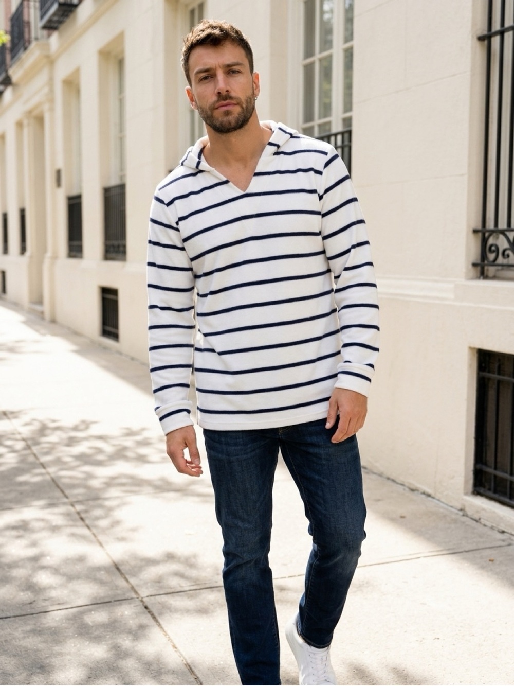 Men's White and Navy Striped Hooded Long-Sleeve Top